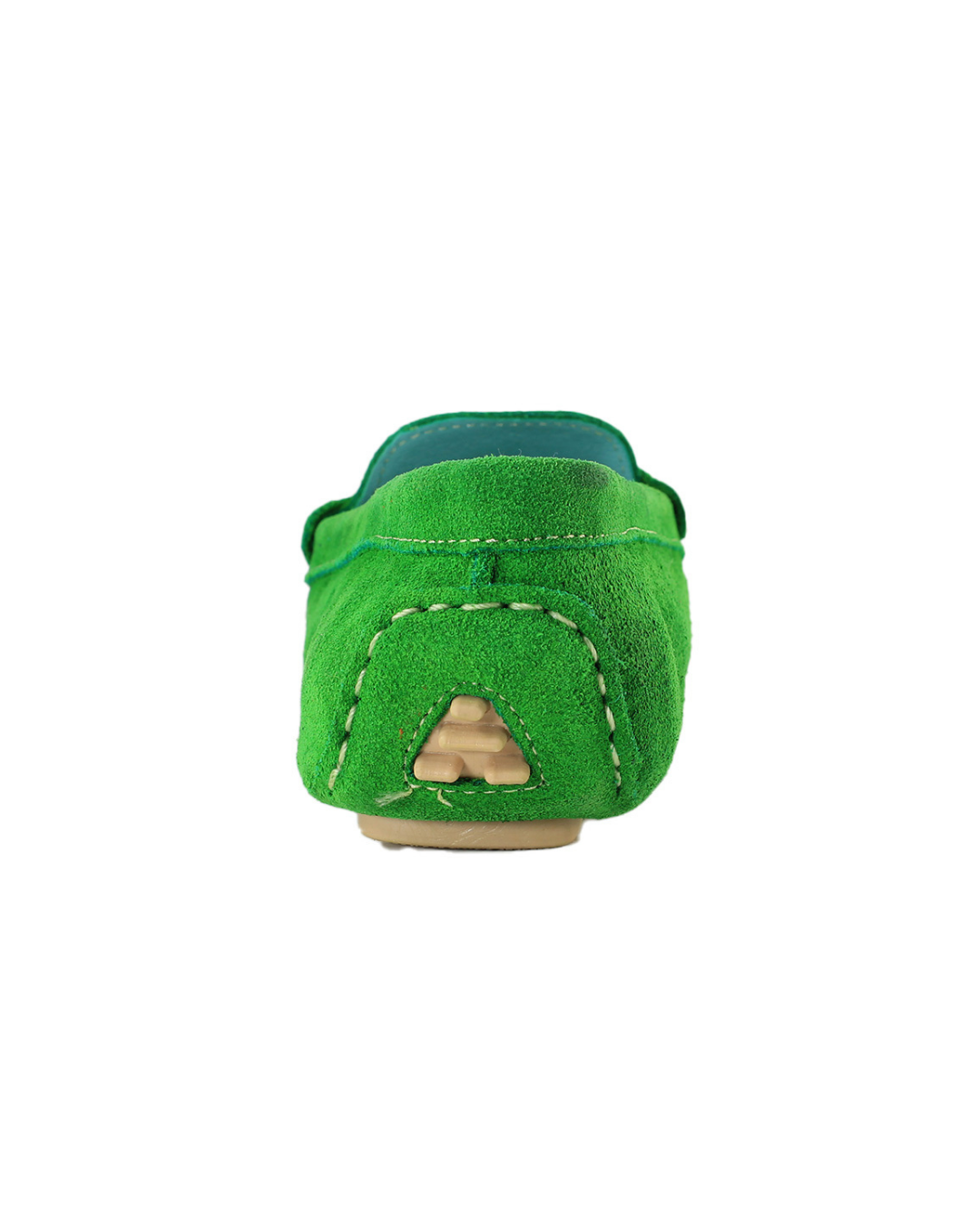 Zapatos loafers verdes en piel de gamuza de SanMiguelShoesmx, con diseño elegante y detalles de textura suave.