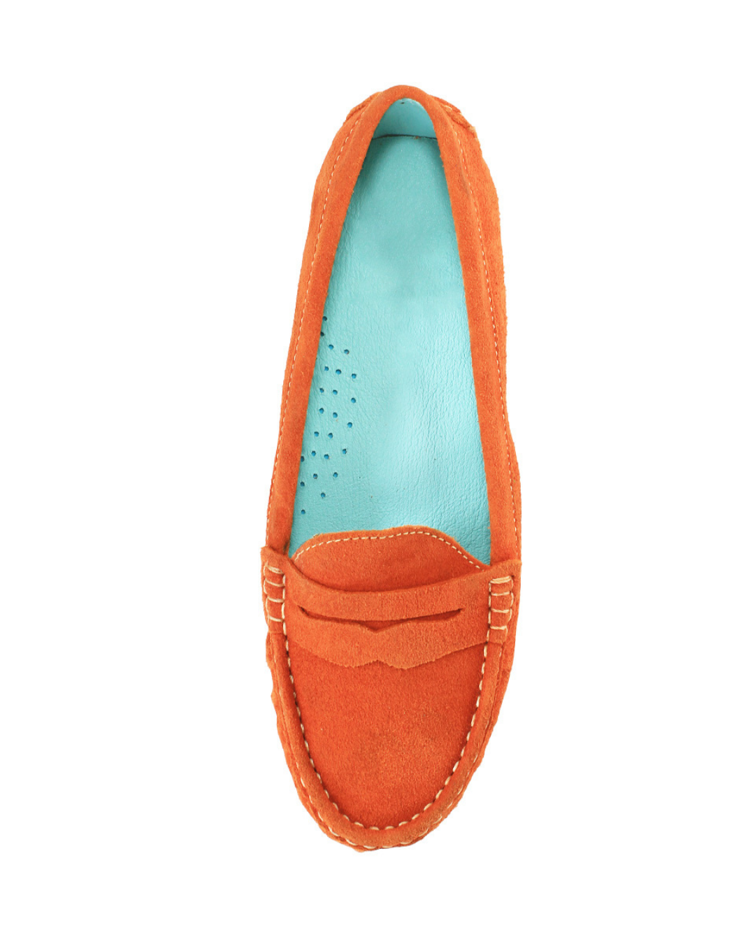Zapatos tipo mocasín en piel de gamuza naranja de SanMiguelShoesmx, con diseño clásico y suela de goma visible.